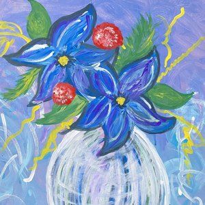 Original Impressionist Flowers Acrylic Painting Purple Blue Red 16x20in Canvas